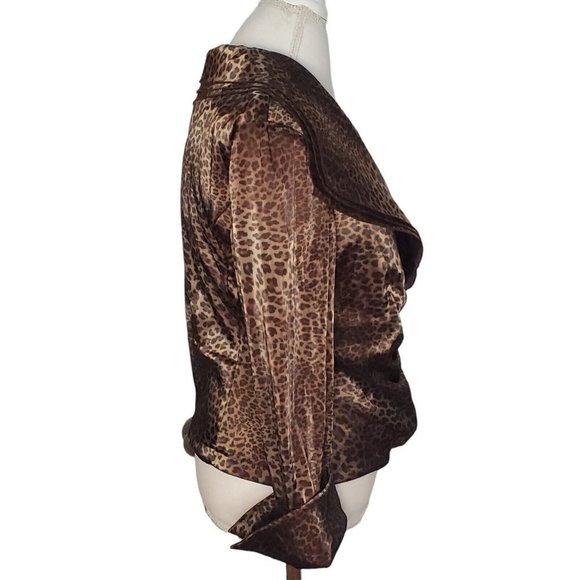 Vintage 90s Leopard Print Satin Faux Wrap Blouse Long Sleeve Leopard Print Sz M - Picture 10 of 12